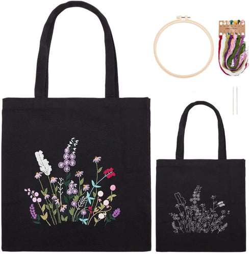 WADORN DIY Canvas Tote Bag Embroidery Kit, Black Personalized Canvas Bag Kit Flower Cross Stitch Kit with Pattern DIY Crafts Embroidery Starter Ki...