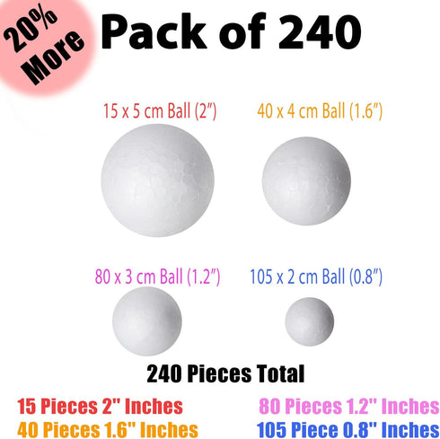240 Pack Foam Balls -Craft Balls DIY Home, School Craft Project -240 Bulk Foam Balls, 4 Sizes .8’’, 1.2’’, 1.6’’, 2’’ Inches...