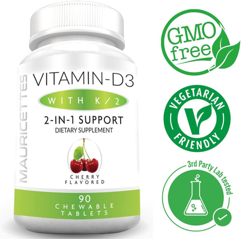 Chewable Vitamin D3 with K2 – 2-in-1 Bone & Heart Health Support – Immune Booster – Natural Cherry Flavor – 90 Tablets for Adults & Kids...