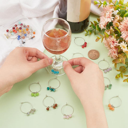 BENECREAT 24 PCS Acrylic Wine Glass Charm, Faux Gemstone Beaded Tassel Wine Glass Charm with Brass Wine Glass Charm Ring, For Wedding Receptions, ...