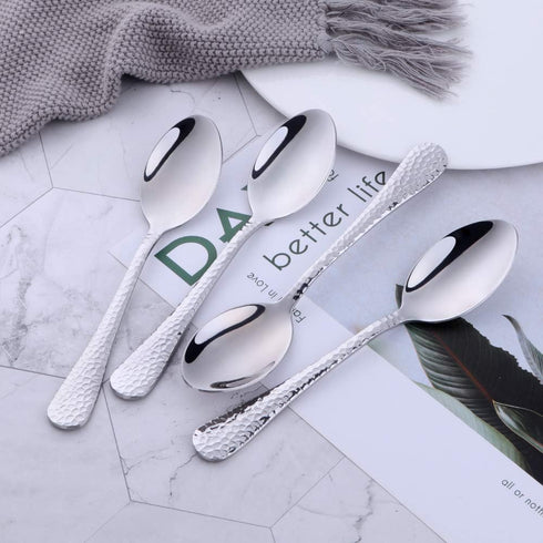 Dessert Spoon Salad Spoon 6.5-Inch Big Teaspoon BUY&USE 12 Pieces Stainless Steel Hammered Surface Silverware Set for Home Hotel Restaurant...