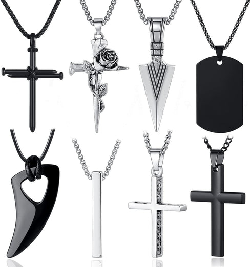 MAIBAOTA 8 Pcs Necklace for Men, Mens Necklaces Jewelry Set, Black and Silver Stainless Steel Necklace, Cross Pendant Necklace, 16-24 inches Chain...