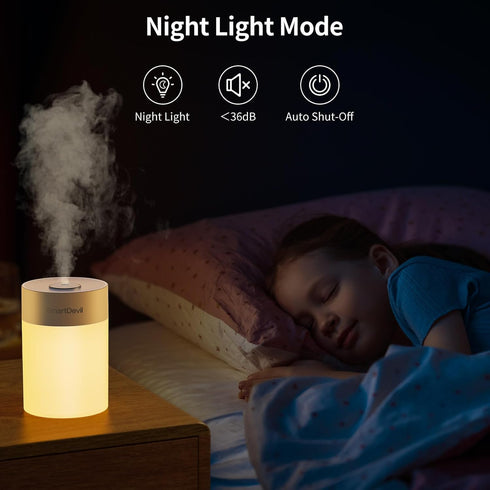SmartDevil Small Humidifier, 600ml Portable Mini Humidifier, USB Personal Desk Humidifier for Bedroom, Plants, Office, Travel, Nightstand with Nig...