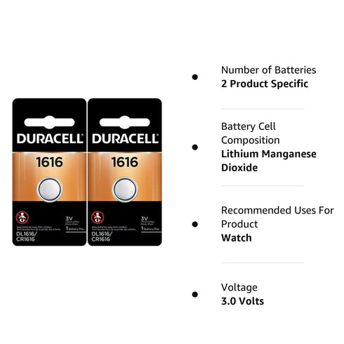 Duracell 1616 DL1616 CR1616 DL1616B2PK Coin Cell Watch Battery 3.0 Volt Lithium, 2 Count (Pack of 1)...