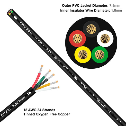 UL2464 10FT 18 Gauge 5 Conductor Electrical Wire, Tinned Oxygen Free Copper 5 Wire, 18/5 AWG Landscape Wire, OFC Speaker Wire, Low Voltage Wire, A...
