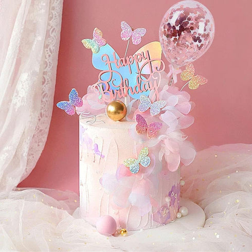 Newmemo 12pcs Gradient Sequins Butterfly Cake Toppers, Rose Gold Confetti Balloon Cake Supplies, Glitter Butterflies Cupcake Toppers Picks, Butter...