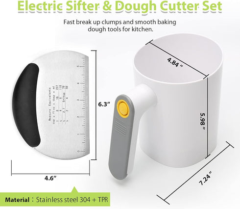 Battery Operated Flour Sifter Electric Hand-held Flour Sieve with Dough Scraper Kitchen Baking Tool Powder Filter Food-grade Plastic Body and SS43...