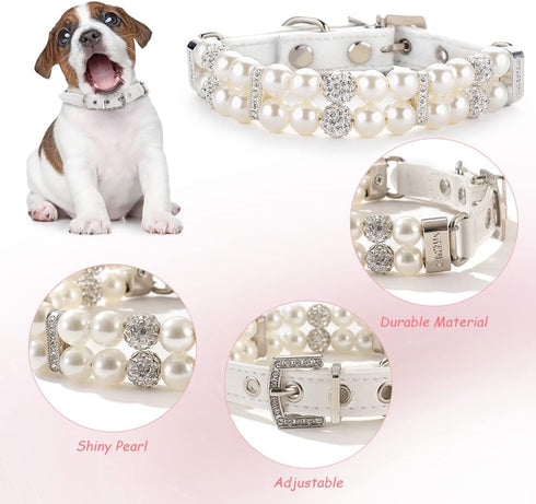 Dog Cat Pearl Collars with Crystal Rhinestone PU Leather Collars Necklace Adjustable CollarDog Chain Cat White Pearl Pet Collar (Medium, White)...