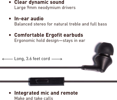 Panasonic ErgoFit Wired Earbuds, In-Ear Headphones with Microphone and Call Controller, Ergonomic Custom-Fit Earpieces (S/M/L), 3.5mm Jack for Pho...