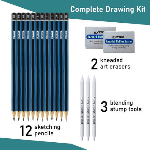 Drawing Pencils - 17 Piece Sketch Pencils Set, Professional Drawing Pencils for Sketching, Kneaded Erasers, 3 Blending Stumps - 12 Graphite pencil...