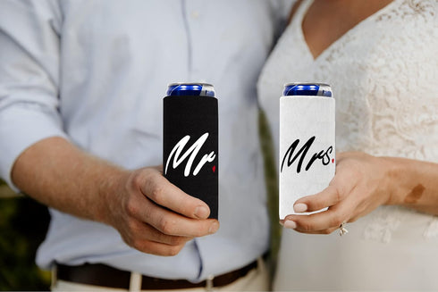 QualityPerfection Mr & Mrs Slim Can Cooler Sleeves (2 Pack) Insulated, Beer/Energy Drink Neoprene 4mm Thickness Thermocoolers for 12 oz Tall Skinn...