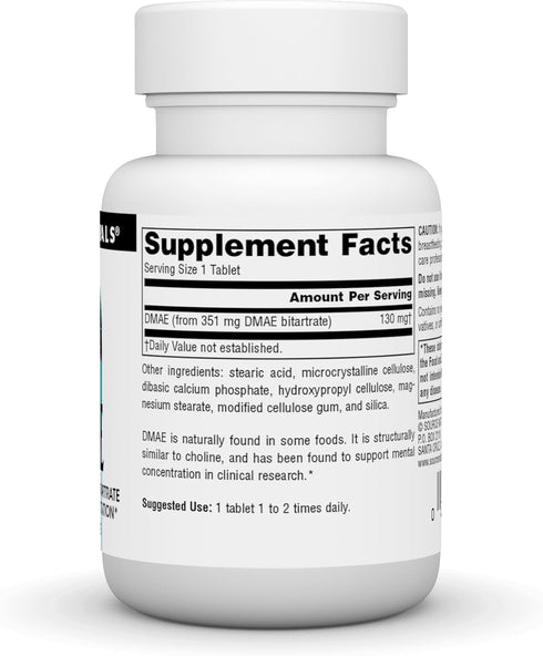 Source Naturals DMAE, Dimethylaminoethanol Bitartrate - Supports Mental Concentration - 50 Tablets...