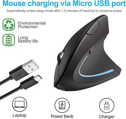 Ergonomic Mouse Vertical -Rechargeable 2.4GHz Optical (Bluetooth+USB+USB C) modes Wireless Mice- 800/1200/1600DPI 6 Buttons for Laptop Computer PC...
