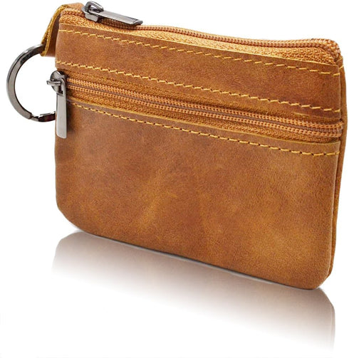 Women Genuine Leather Coin Pouch Zip Mini Purse Wallet Key Chain Double Zipper...