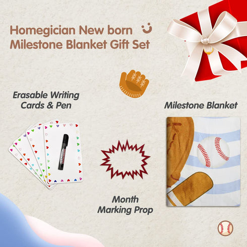 Baby Cotton Swaddle Blanket, Baseball Design, 40x50 Inch, Includes Props, Marker, and Birth Announcement Cards, Unisex...