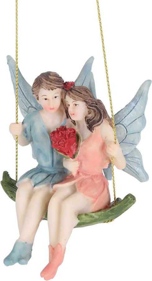 Couple Flower Fairy Garden Pendant, Fairy Girl and Boy Sitting on Swing Sculpture, Exquisite DIY Couple Flower Fairy Garden Pendant, Garden Hangin...