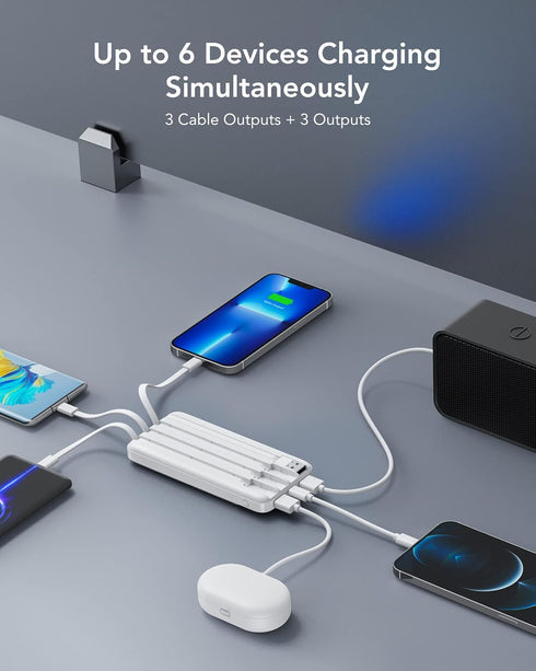 Portable Charger with Built in Cables, Portable Charger with Cords Wires Slim 10000mAh Travel Battery Pack 6 Outputs 3 Inputs 3A Fast Charging Pow...
