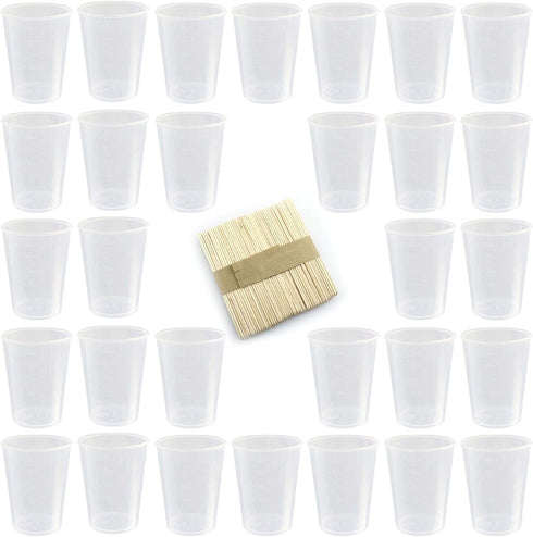 Tegg Plastic Graduated Cup 30PCS 50ml/1.7oz Clear Plastic Mixing Cups Measuring Cups with 50 PCS Wood Craft Sticks Transparent Scale Cups...
