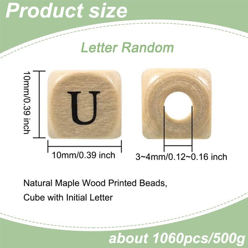 PH PandaHall 1060pcs 10mm Alphabet Wooden Beads Random Natural Square Wooden Beads 3~4mm Hole Wood Loose Bead with Initial Letter Cube Bead for Je...