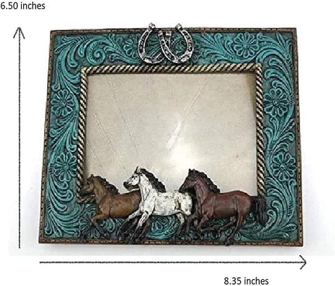 Comfy Hour Western Retro Collection Resin Art 6"x5" Photograph Running Horses Horseshoes Photo Frame Blue...