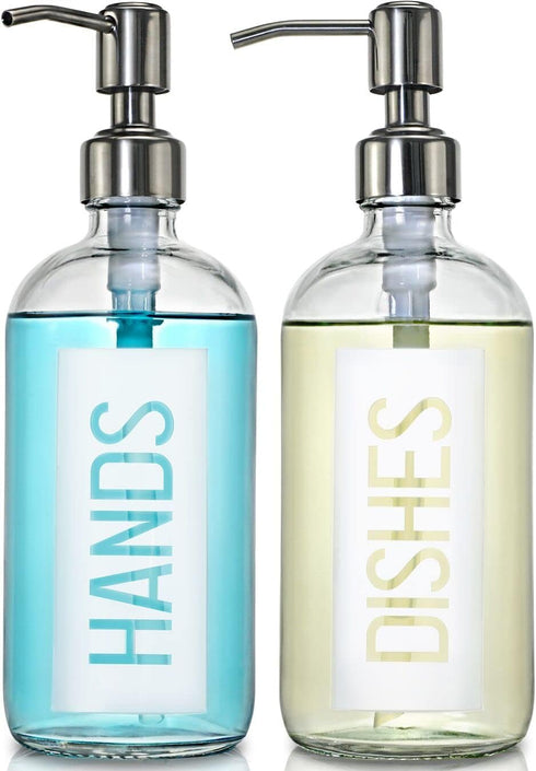 JASAI 2Pack 18OZ Glass Soap Dispenser with Rustproof 304 Stainless Steel Pump, Kitchen Soap Dispenser with Hands & Dishes Label, Refillable Dish S...