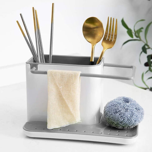 3-in-1 Sink Caddy Sponge Holder, Sturdy Countertop Cutlery Holder Organizer -Kitchenware Holder, Brush Holder + Dish Cloth Hanger (Light Gray)...