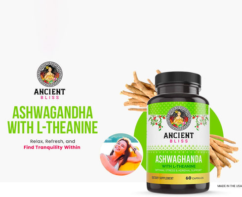 Ancient Bliss Ashwagandha with L-Theanine & Black Pepper Extract Capsules, Energy & Natural Mood Support Supplement, Focus Supplement for Adults...