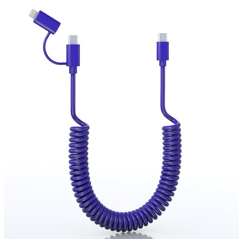 Coiled USB C to USB C and Lightning Cable 2 in 1 - Curly USB C Cable Car Charger Cord Android Auto Apple Carplay Cable [60W Fast Charging & Data S...