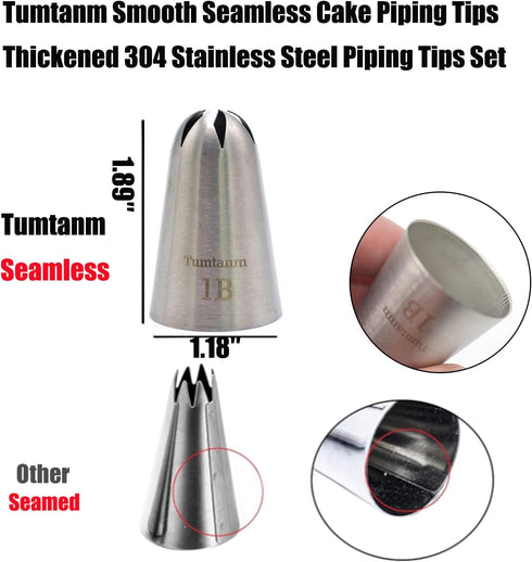 5 Pack Extra Large Piping Nozzles, 1B 1C 1E 1M 2D# Seamless Stainless Steel Piping Icing Tips for Cupcakes...