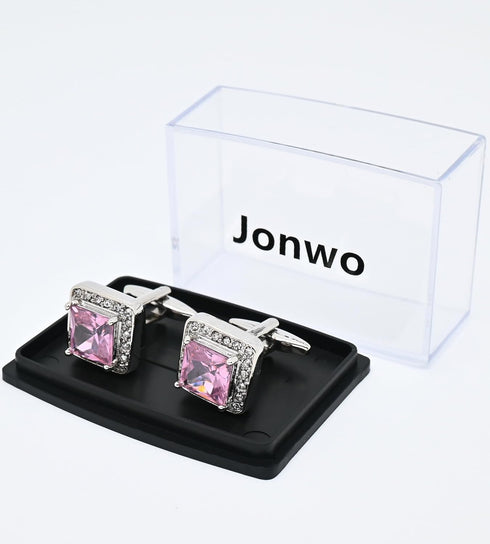 Pink Crystal Square Silver Cufflinks for Men Lady In Gift Case Classic Faceted Gemstone Men's Cufflinks Jewelry Set for Wedding Anniversary Busine...