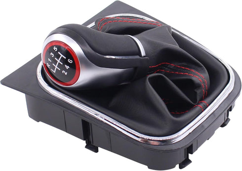 MOTOKU Black Leather with Red Stitching Gear Shifter Knob Boot Cover with 6 Speed Manual Shift Knob and Bracket Base Assembly for Volkswagen Jetta...