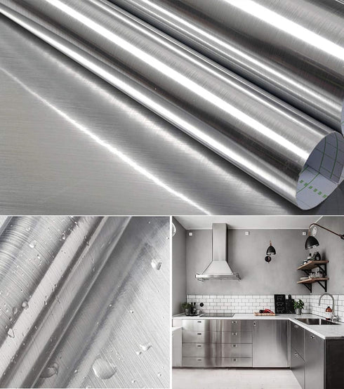17.7''x197''Silver Wallpaper Stainless Steel Contact Paper Metallic Silver Peel and Stick Waterproof Removable Wallpaper for Kitchen Appliances Co...