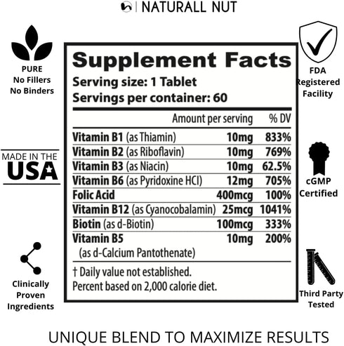 High Potency Vitamin B Complex Vitamin Supplement - B1 B2 B3 B5 B6, Biotin B7, Folic Acid Folate B9 & B12 Vitamins - Complejo b para Mujer - 60 Ta...