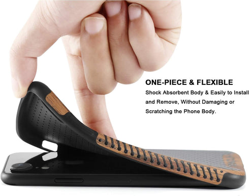 TENDLIN Compatible with iPhone XR Case Wood Grain with Carbon Fiber Texture Design Leather Hybrid Slim Case Compatible with iPhone XR (Carbon & Le...