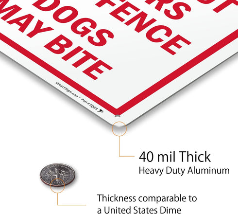 SmartSign 14 x 10 inch “Beware of Dog - Do Not Put Fingers Thru Fence, Dogs May Bite” Metal Sign, 40 mil Laminated Rustproof Aluminum, Red and Whi...