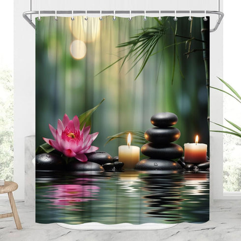 Zen Shower Curtain Asian Lotus Bamboo Zen Stone Floral Water Ripple Spa Relaxation Elegant Plant Wildflower Rustic Bathroom Decor Curtains 70x70 i...