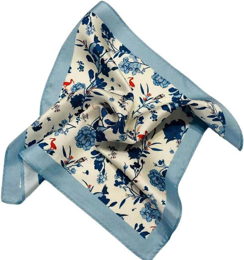 Handkerchief, men's pocket, silk square scarf, blue flower and bird pattern, oriental art...