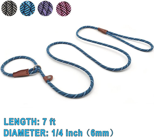 7FT Slip Lead Control Dog Leash, 1/4 Inch Diameter Durable Nylon Rope Training Lead for Small Medium Dog No Pull (Blue, 7’ x 1/4")...