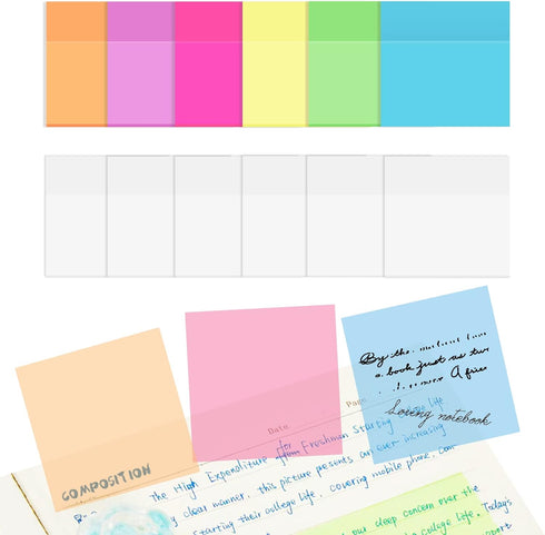 Upgraded Version 12 Clear Notes, 600 Sheets Waterproof Translucent Color Notes, Color PET Creative Sticker Fluorescent Film for Memo, Reading, Stu...