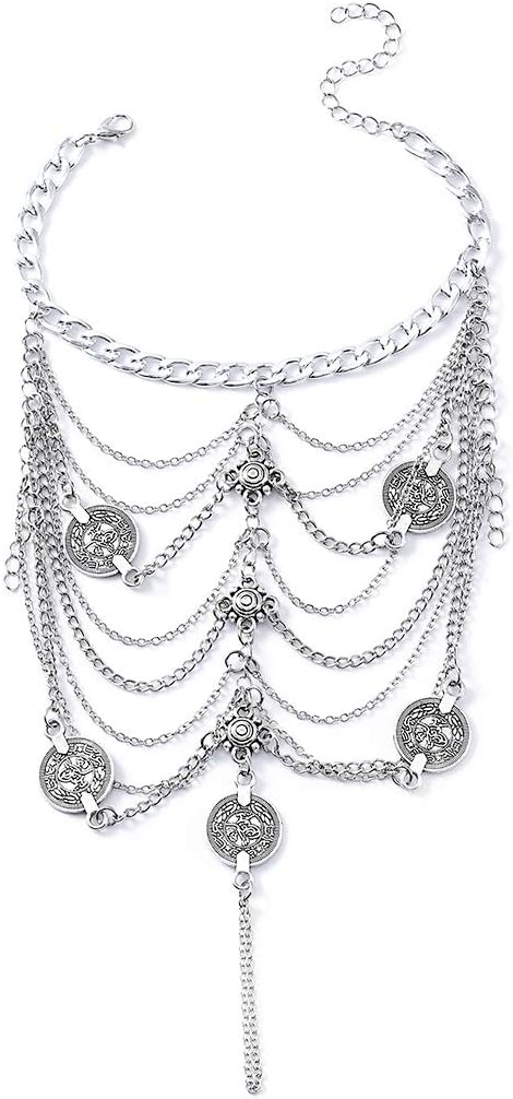 Yokawe Boho Layered Ankle Bracelets Silver Coin Anklet Chain Tassel Summer Beach Barefoot Sandals Foot Jewelry for Women and Teen Girls (2PCS)...
