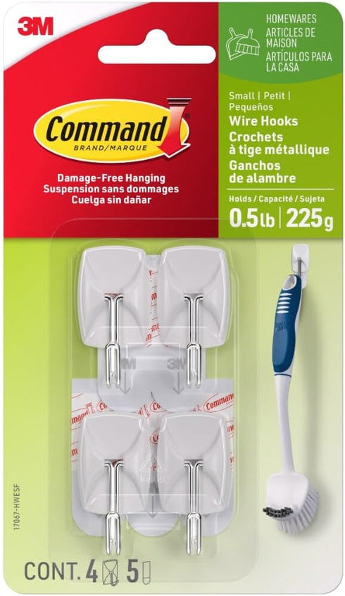 Command Small Wire Toggle Hooks, 4 Wall Hooks and 5 Command Strips, Damage-Free Hanging with Adhesive, No Tools for Hanging, Organization and Stor...