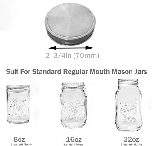 Stainless Steel Mason Jar Lids,12 Pack Polished Surface,Reusable and Leak Proof,Storage Caps with Silicone Seals for Regular Mouth Size Jars (12-P...