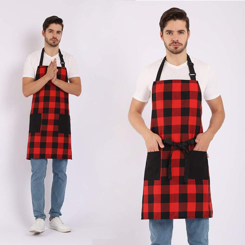 Chef Bib Apron for Men Women, Christmas Gift, Kitchen Cooking Apron with 2 Pockets, 40" Long Ties and Adjustable Neck Strap - 32" x 28" - Red/Blac...