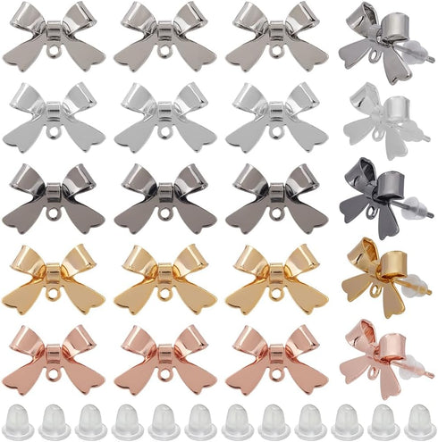 1 Box 50Pcs Bow Earring Post Bow Stud Earring Post Gold Brass Real 18k Gold Plated Earring Stud with Ear Nuts Bowknot Stud Earring Findings for Je...