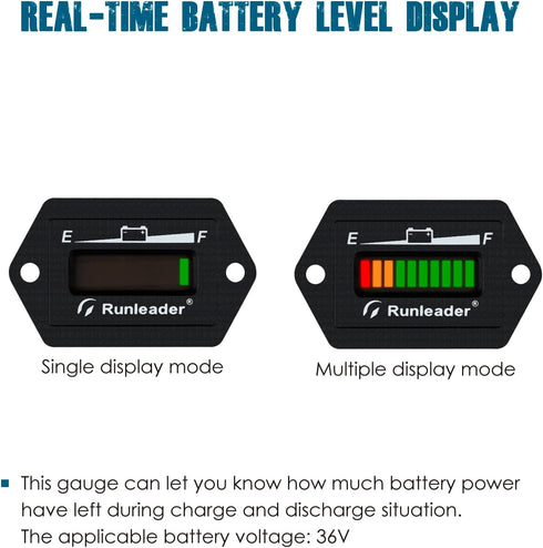 Runleader 36V Battery Fuel Gauge Meter,Battery Level Meter,Lead Acid Battery Applicably,Single & Multiple Screen Display for Golf Cart Club Car Fo...