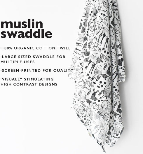 Wee Gallery, Organic Muslin Swaddle - Nordic - Woodland Animals Design, Black and White for Baby Visual Development, Quality Cotton Swaddling or R...