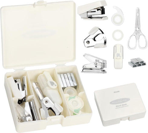 EooUooIP Practical and Beautiful Office Supplies White Handbook Tool Box,Stapler Tape Staples Hole Puncher Paper Scissor for Efficient Work and St...
