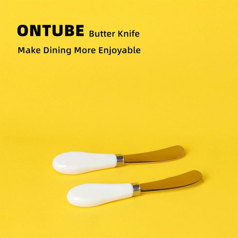 ONTUBE Butter Knife Set of 2, Stainless Steel Blade with Porcelain Handle, Big Circle Cheese Butter Spreader Knives Set for Kitchen, White 5.9-Inc...