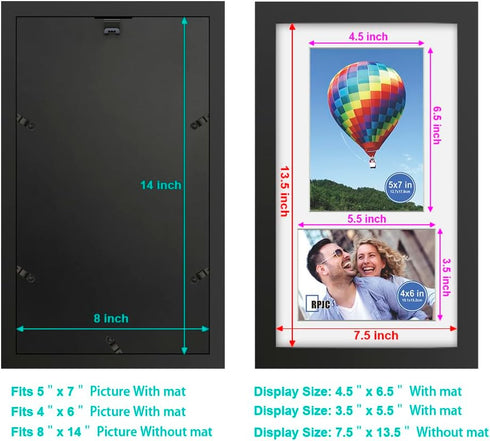 RPJC 8x14 Soild Wood 2 Opening Picture frames with High Definition Glass Display 4x6 and 5x7 with Mat or 8x14 Without Mat for Wall Mounting Hangin...