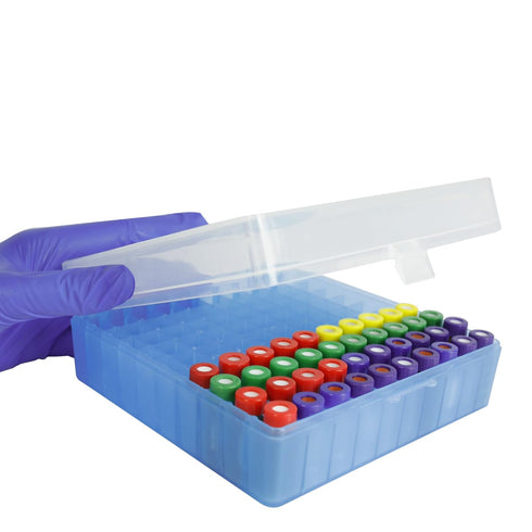 100 Well Microtube Storage Box, Blue Polypropylene Lockable Vial Holder Rack for 2ml Microcentrifuge Tubes and 12mm Autosampler Vials, 1 Pack...